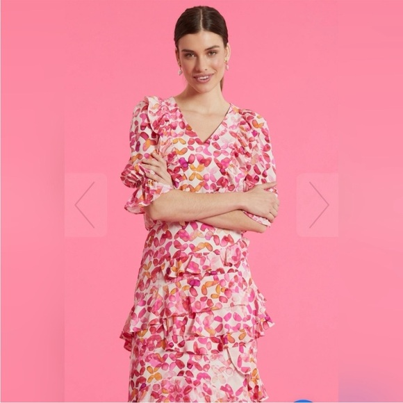 tyler boe Maxine Silk Ballet Slipper Dress V-Neck Puff Sleeve Ruffle Midi 6 - Picture 7 of 7